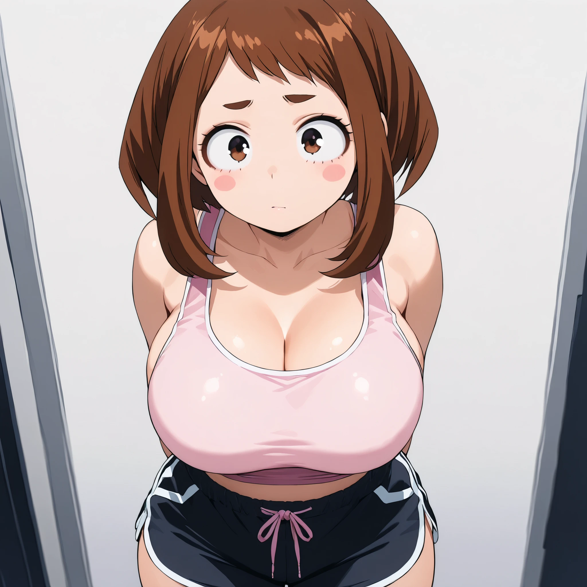 uraraka ochako, 1girl, brown hair,brown eyes,short hair, blush stickers
pink crop top, black dolphin shorts, arms behind back:1.4), breast, ((cute breast)), ((round breast)) (blush), 8k masterpiece, (((1girl, solo))) adult, mature, +18
