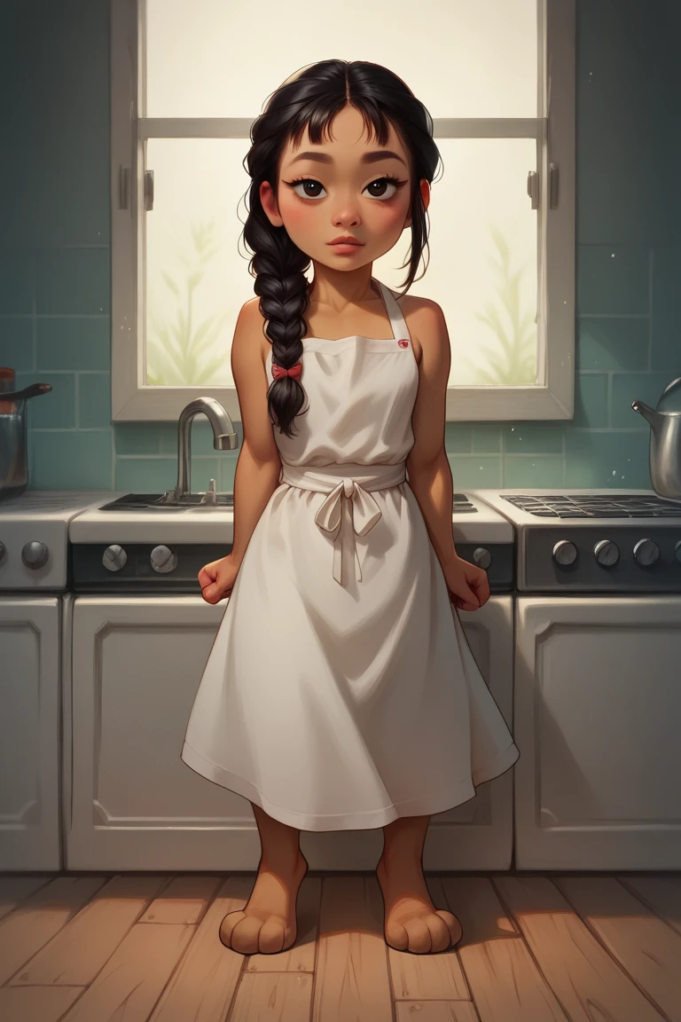 score_9, score_8_up, score_7_up ,bluethebone style, ExpresHGothicNeonIncase, (Shortstack), (((three toes))), (((three fingers))), ((human)), looking at viewer, (detailed face),(detailed eyes), (((sci-fi))), masterpiece, 8k, high detail, clean lines, best quality, amazing quality, 1girl, ((petite but strong)), (biceps:1.0) sleeveless chef’s yukata, (apron dusted in strange sea salt), ((knife master)), (long black hair in braid), (((asian))), medium dark skin, (((sci-fi underwater kitchen))), ((flirty eyes))