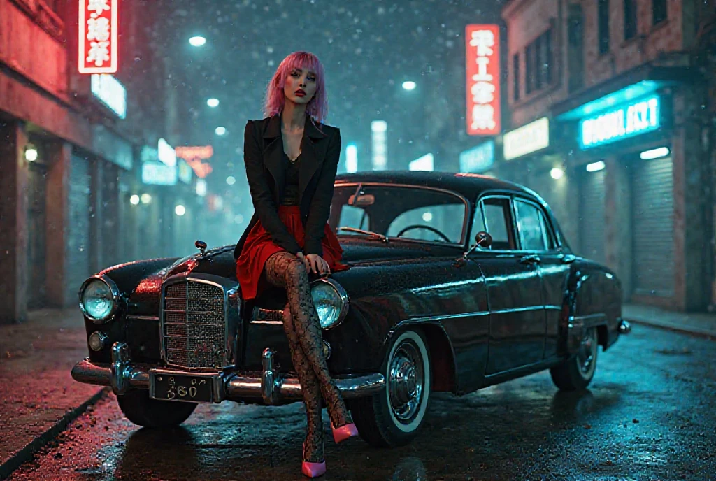 Retro sexy  young girl, white skin, black jacket, blouse, red skirt, black lace tights, pink high-heeled shoes, Sitting on the hood of the 1950 silver Aston Martin car, homeless, electric blue, a street wet, Fog on the street Makeup, Gradient Hair Color, buildings, starry night Cinematic lighting, semitone, Chiaroscuro, UHD, Very detailed, High Quality, The best quality, Post-apocalyptic world alley, Underworld laser rays, Cloudy skies and fogs Big breasts,  breasts, Imax Cinematic lighting, bright light,  Overexposure, High Quality, Cyberpunk Big Breasts,  breasts, UHD, from above, Suburb Makeup,  Top teeth , Blush all over the face, red lips, Blushing ears, niebla electrica , shoulder-length fireworks, Neon graffiti, Light on the face 
