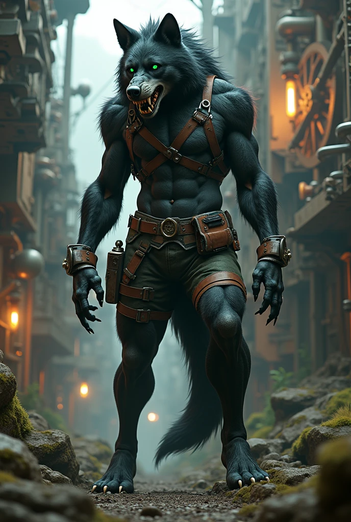 Bara, furry, Black wolf with green moicana, leather harness and jockstrap, solo