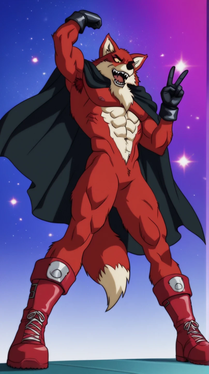 score_9, score_8_up, score_7_up, Just a boy, expressive, Makeup for girls Basil DBS, yellow sclera,       Red body,       red fur, lobo, , black gloves,  black nose , lobo ears, sharp teeth, fangs,  hairy, anthropomorphic), fondo gradiente azul con stars , space, stars, girl makeup with the peace sign , expresión arrogante, mouth shut, looking at the spectator, Image of a cowboy, entrepierna sin rasgos, disconnected background, 4k, masterpiece, best quality, very cool    , realistic,  full body, wolf tail, fluffy tail, worn-out red boots, , posición frente al espectador,  fluffy tail, wearing distressed black cape  