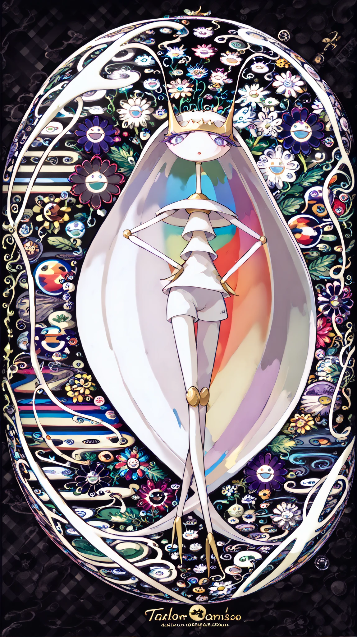 in style of Takashi Murakami , beatiful face, feet,best quality,tonemapping, sharp focus, hyper detailed,(pheromosa),best quality,beautiful,pokemon,(2 fingers),(Clear eyes),solo,detaileds,8K,(slender:1.3),wallpaper,jumping kick,{Colorful flowers on black background), (pheromosa:1.0), intricate digital painting, highly intricate and colorful, dark but detailed digital art, Highly detailed symmetry, detailed digital artwork, Symmetrical intricate details, plethora of colors,colorful intricate masterpiece,(Sticker style:1.5),(Geometric pattern background:1.5),frontage、Sticker style,((over view)),(portrait),