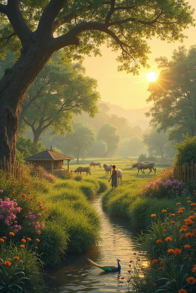 "A lush green Vrindavan landscape with peacocks dancing, blooming flowers, and the Yamuna river gently flowing. In the distance, a young Krishna playing his flute under a Kadamba tree, cows grazing nearby, with a golden sunset sky."
Style: Cinematic painting with soft lighting and warm tones.

