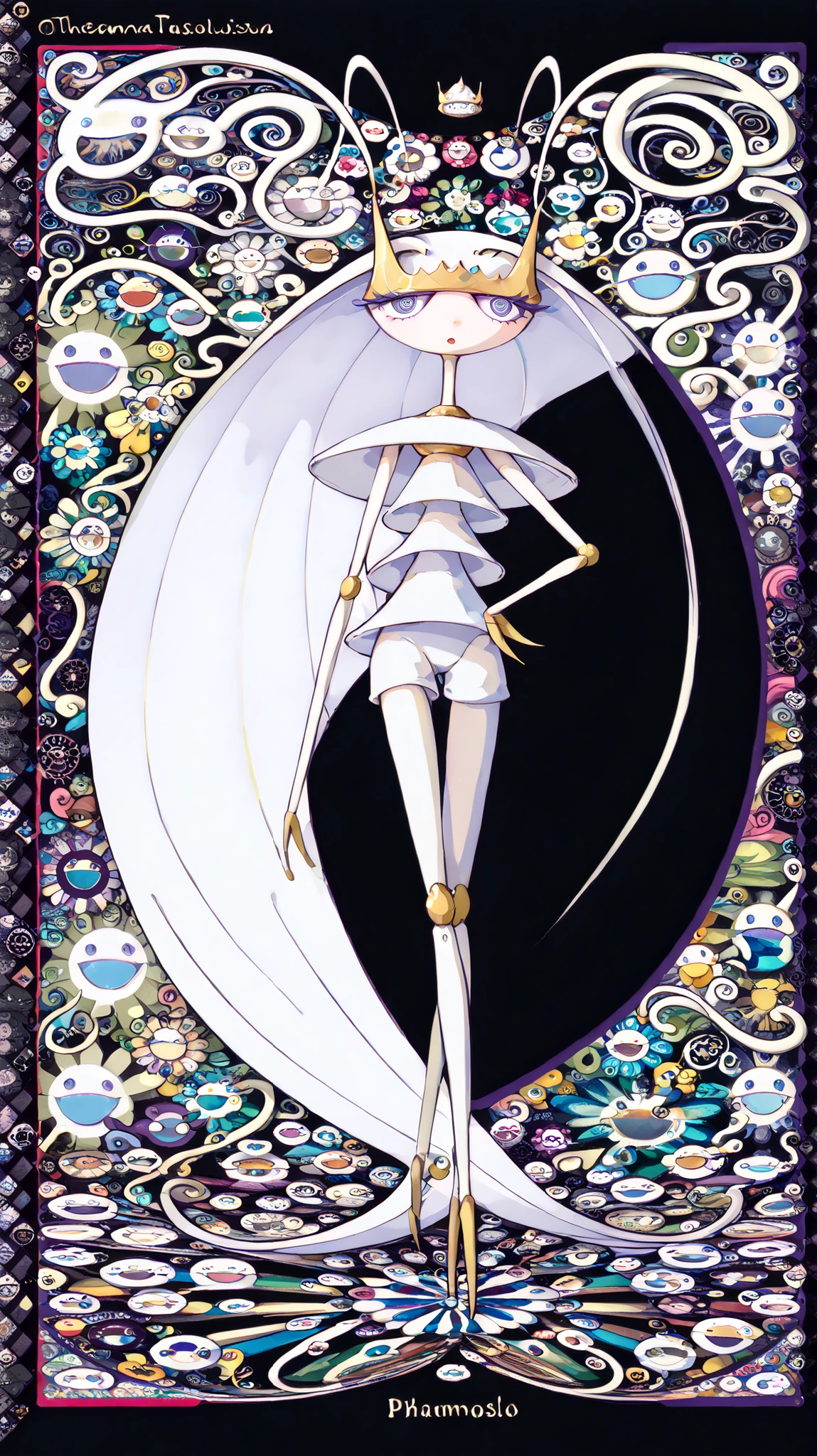 in style of Takashi Murakami , beatiful face, feet,best quality,tonemapping, sharp focus, hyper detailed,(pheromosa),best quality,beautiful,pokemon,(2 fingers),(Clear eyes),solo,detaileds,8K,(slender:1.3),wallpaper,jumping kick,{Colorful flowers on black background), (pheromosa:1.0), intricate digital painting, highly intricate and colorful, dark but detailed digital art, Highly detailed symmetry, detailed digital artwork, Symmetrical intricate details, plethora of colors,colorful intricate masterpiece,(Sticker style:1.5),(Geometric pattern background:1.5),frontage、Sticker style,((over view)),(portrait),