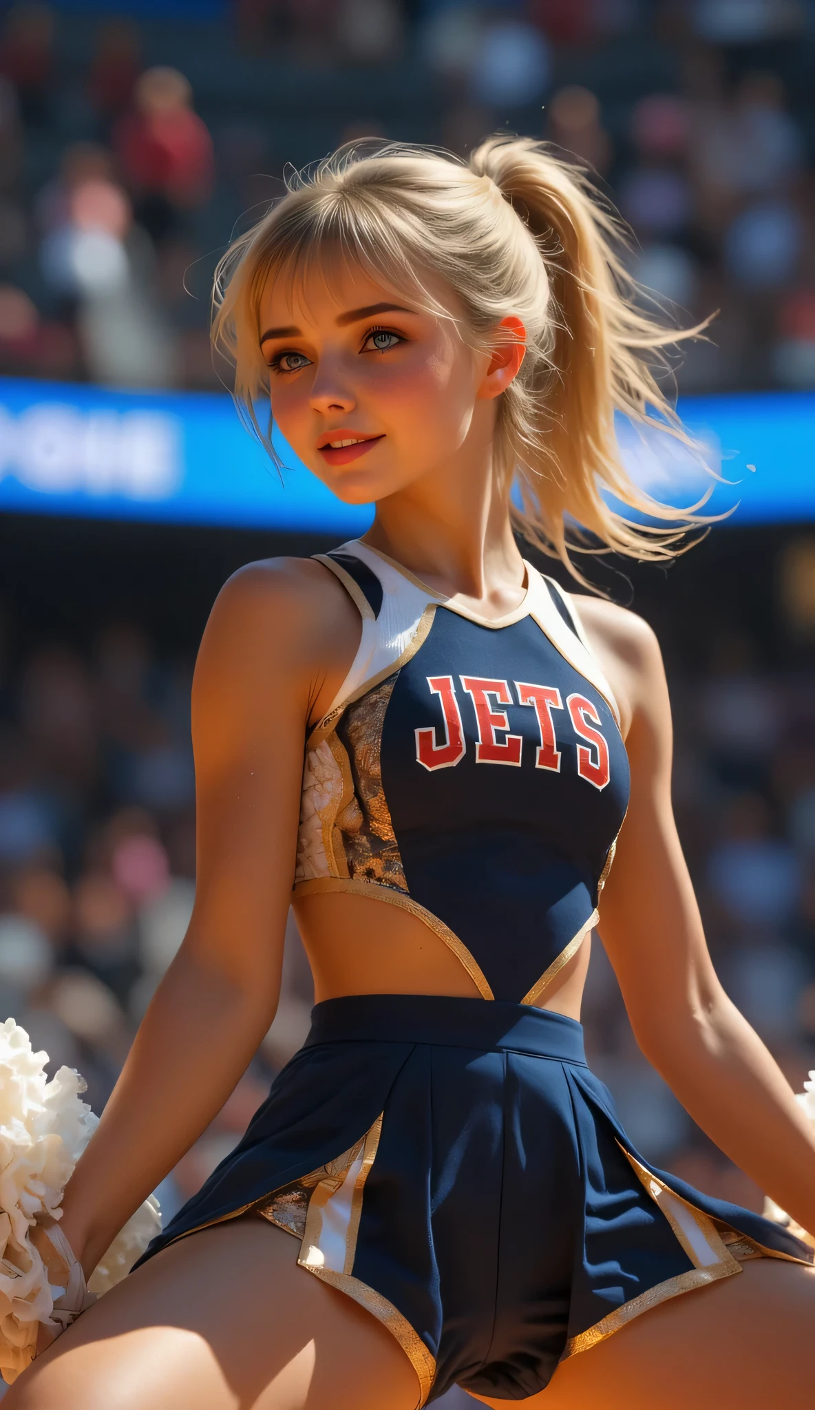 one girl, (22 years old girl:1.1), (A girl performing cheerleading dance in mid-air during a split jump), ((Highest quality)), ((masterpiece)), (detailed), ((very detailed face)), High resolution photograph, Good light, (realistic photo shoot:1.1), (Beautiful Delicate Eyes and Lips ), Best Shadow, so delicate and beautiful, beautiful tan skin, smile, open your mouth, ponytail platinum blonde hair, bangs, blue eyes, The girl has long flowing hair, Good light, sunshine, (((She wears a metallic navy cheerleader uniform with metallic gold trim))), (She is dressed in a Sleeveless uniform with a skirt and pom-poms in each hand), ((wearing a skirt and a Women's navy blue cheer shorts)), (no socks on), (The characters "JETS" are written in red with a white border on the chest:1.2), The background is a bright sports arena with cheering spectators, she is smiling with her legs fully extended in a split jump, showing her flexibility and athleticism, The lighting is bright, emphasizing her graceful motion and energy, muscular body, (full body portrait), sunshine,