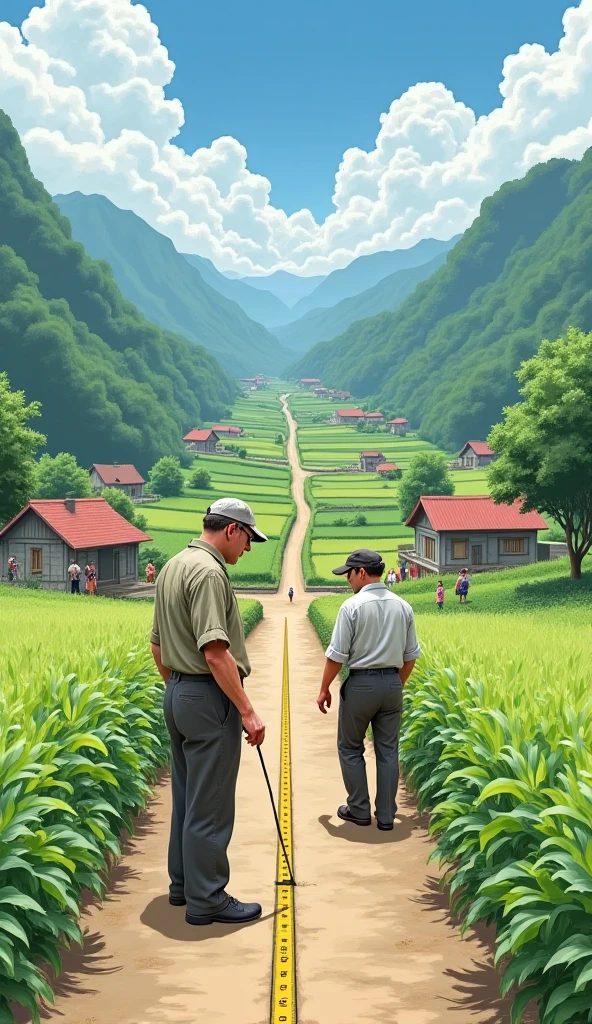 একজন ৩০ বছরের একজন পুরুষ ব্যক্তি রাস্তার মধ্যে ফিতে দিয়ে মাপতাছে দু'পাশে সবুজ ফসলের জমি ছোট ছোট ঘর রাস্তার মধ্যে কয়েকজন মানুষ দাঁড়িয়ে আছে 