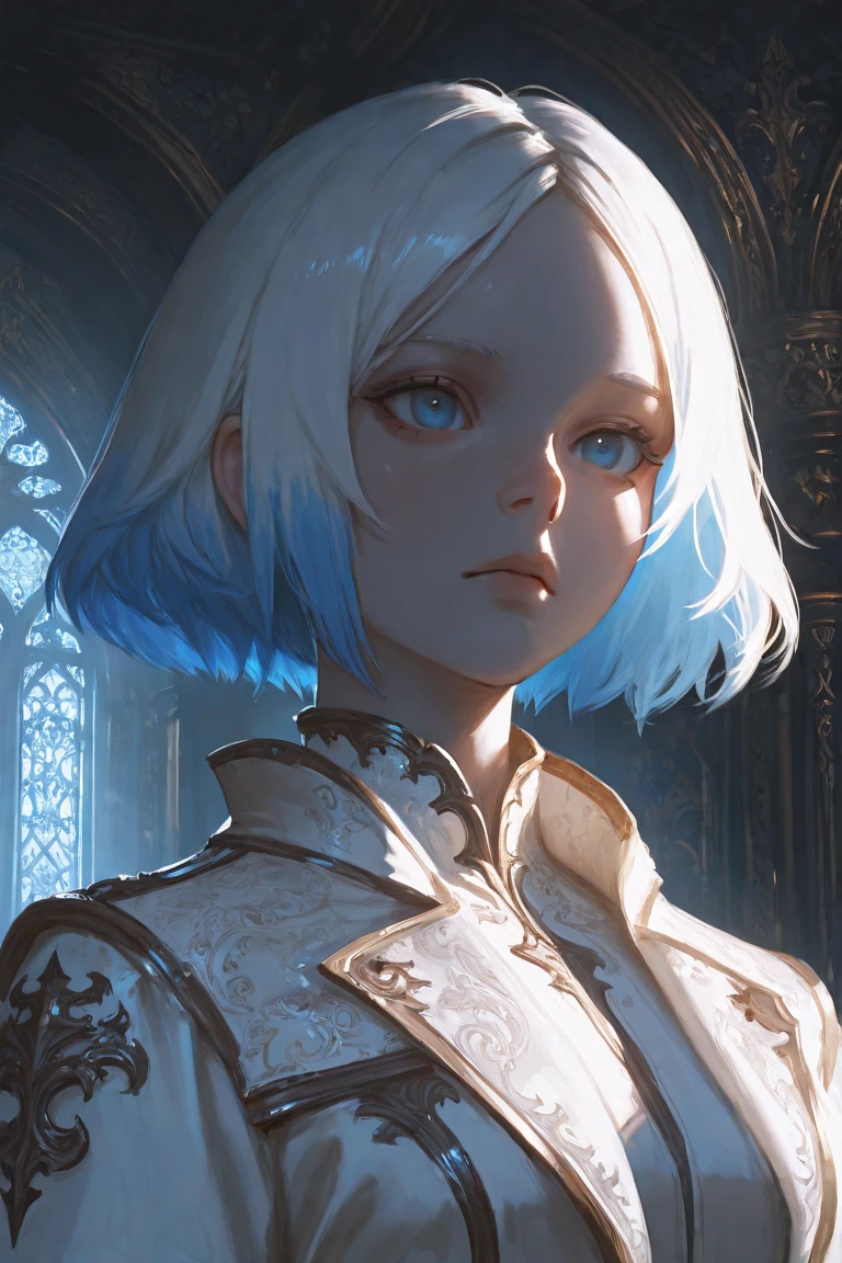 solo, 1girl, blue eyes, no bangs, short hair, white hair, blue hair roots, white jacket, strange look, 8k, masterpiece, portrait, highly detailed, digital painting, dramatic lighting, intricate details, ornate background, moody atmosphere, cinematic lighting, dark fantasy, dramatic color palette,