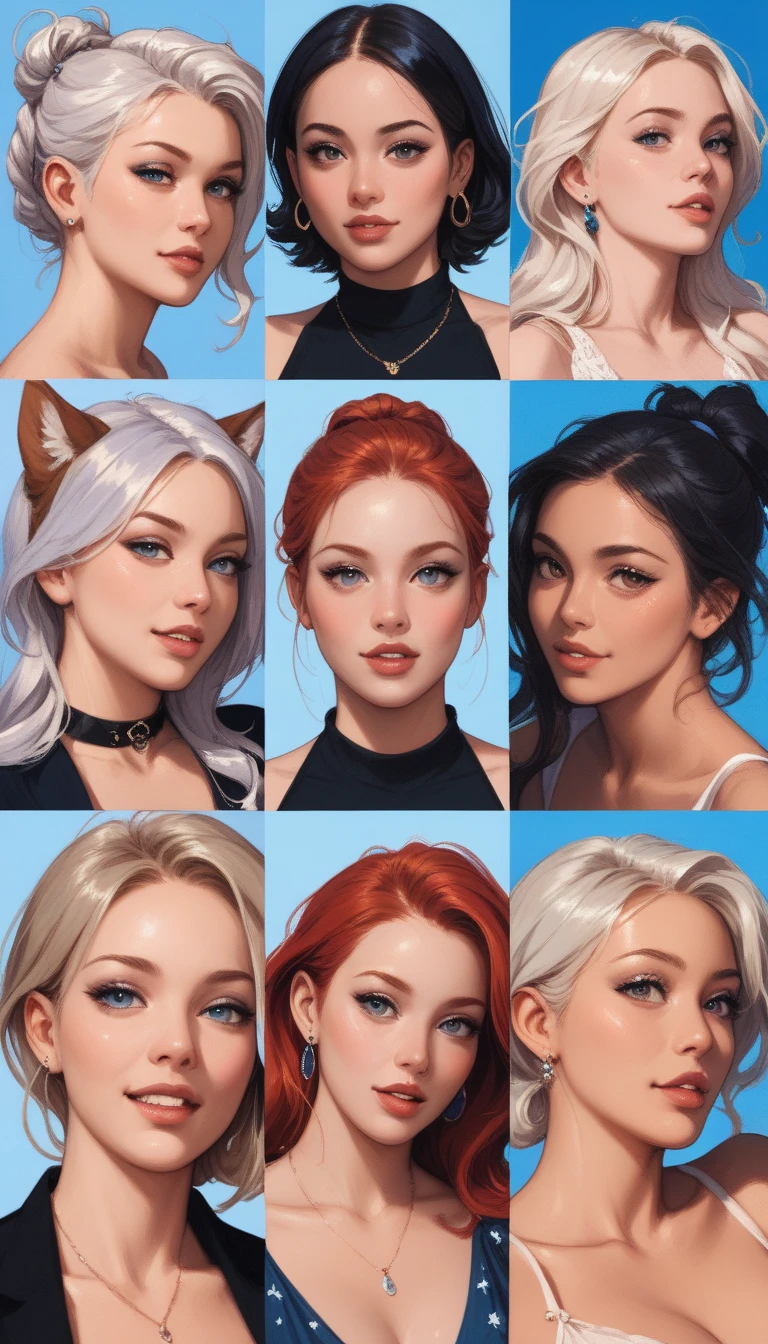 (Best quality, masterpiece), group photo of 8 very different beautiful students, different emotions, Free postures, Different hair colors(among them there is only one redhead, 3 blondes, 2 brown-haired and 2 brunettes), Different hairstyles, different hair lengths, different eye colors, Different physiques, Different breast sizes, (There's definitely 1 moody, flat-chested Asian brunette, 1 muscular blonde with short hair, 1 long haired redhead, 1 brunette hippie with pigtails, necessarily 1 brown-haired woman with a flat chest, 1 short round brown-haired woman), graduation photo album, beautiful faces, upper body