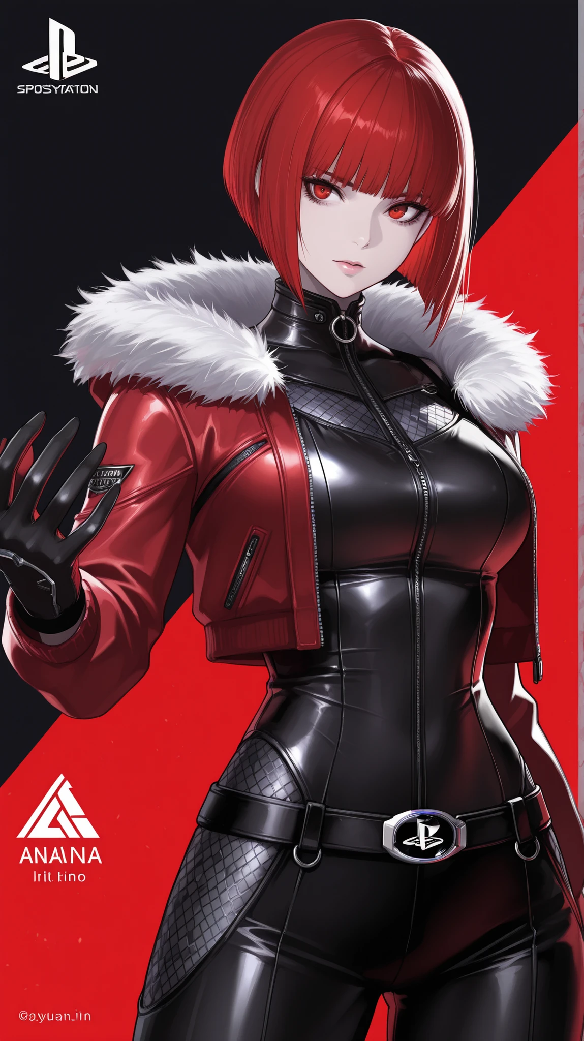 masterpiece, best quality, amazing quality, newest, very aesthetic, 1girl,realsim,Image is a stylized video game cover for the PlayStation 5, featuring a character with a striking appearance. The layout includes a prominent figure in the center, a woman with pale skin and a sharp, angular face. She has short, vibrant red hair with black highlights, styled in a sleek bob. Her attire is bold and eye-catching, consisting of a black, intricately patterned bodysuit with a deep neckline, complemented by a red jacket with white fur trim. She wears black gloves and a wide belt with metallic accents. The background is predominantly red with the character's name 'ANNA' in large, white, bold letters. At the top, the text 'NEW CHALLENGER!' is displayed in a bold, black font with a red underline. The left side features the PlayStation 5 logo, the Bandai Namco logo, and the Tekken 8 logo in red and white. A QR code and the text 'ZAFINA' are located at the bottom right corner. The overall design is dynamic and visually striking, emphasizing the character's fierce and confident demeanor.