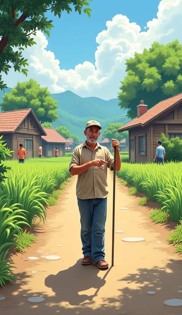 একজন ৩০ বছরের একজন পুরুষ ব্যক্তি রাস্তার মধ্যে হাত দিয়ে ফিতে ধরে  মাপতাছে দু'পাশে সবুজ ফসলের জমি ছোট ছোট ঘর রাস্তার মধ্যে কয়েকজন মানুষ দাঁড়িয়ে আছে 