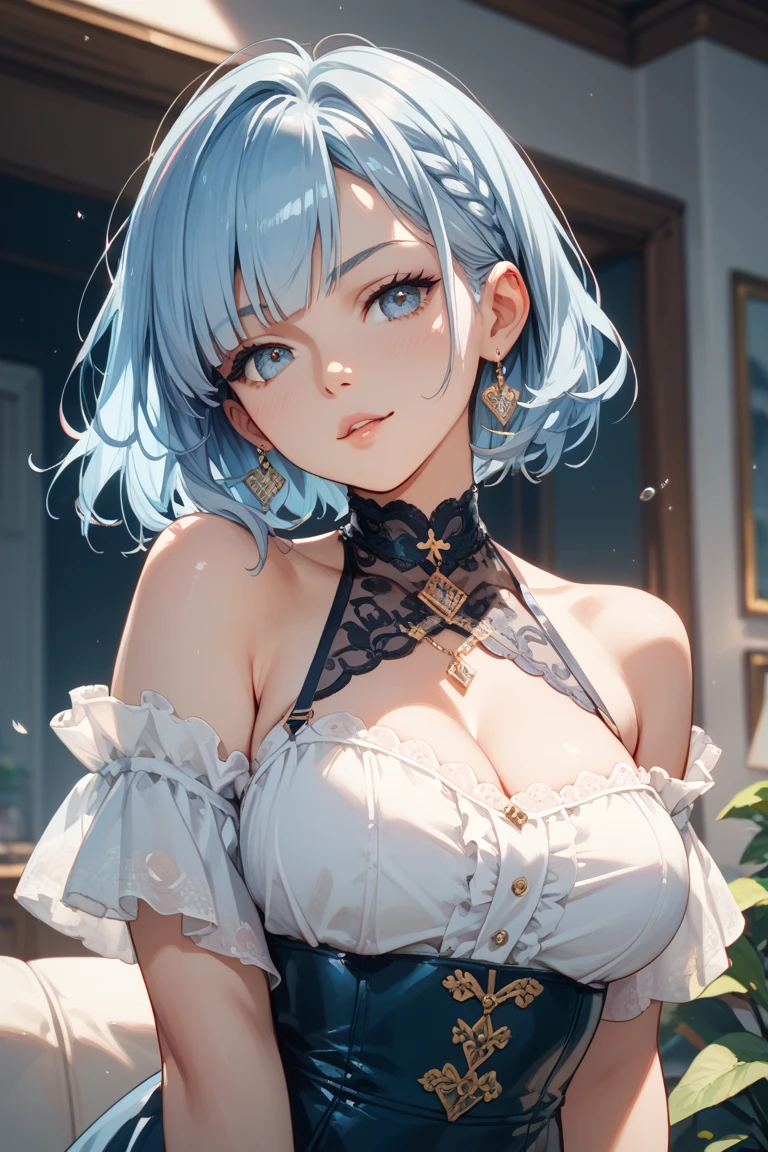 ((Best quality)), ((masterpiece)), (realistic), beautiful sexy girl in a sexy blue-silver-lavender sequin party dress, highly detailed glowing eyes, blue short hair, smooth skin, cleavage, ((extremely slutty)), ((whole body)).