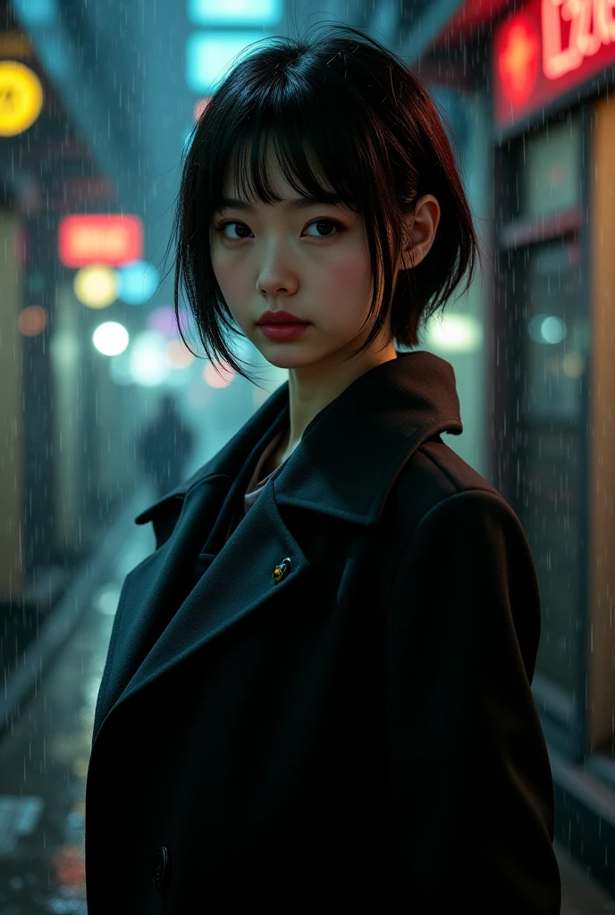 Girl with Japanese features very pretty detective with short hair 