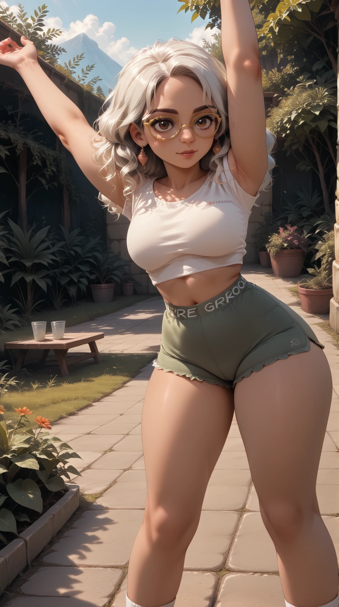 ((1mujer)、((19 years old)、alta calidad, greenish blue, Dark brown hair with straight hair, light brown skin, background of a patio, ((happy and relaxed), body with wide hips, breasts size 85,tiny waist, oval red lenses, attractive woman, perfect nose and sensual lips, white t-shirt with tight black shorts
