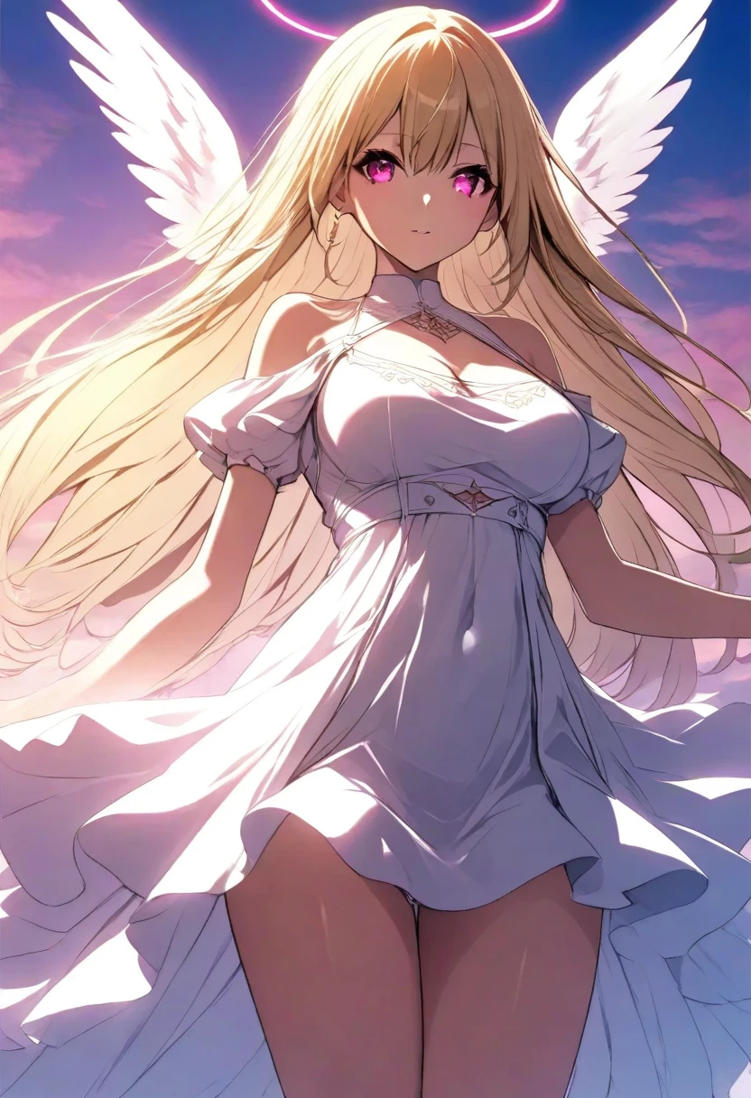 a beautiful angel with flowing white dress, wings spread, hand on hip, side view, (best quality,4k,8k,highres,masterpiece:1.2),ultra-detailed,(realistic,photorealistic,photo-realistic:1.37),HDR,UHD,studio lighting,extremely detailed face and eyes,delicate facial features,long eyelashes,smooth skin,intricate dress folds,glowing skin,angelic expression,sunlight streaming through clouds,simple background