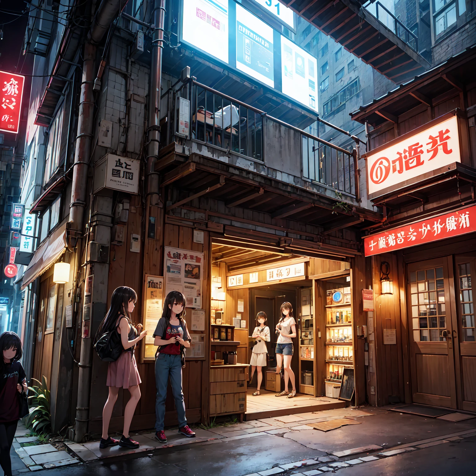 
(( masterpiece 、 top quality 、 Official Art 、 Unity 8   ｋ wallpaper))、 evening、  night  、((( 3 girls、two girls in summer clothes 、Detailed Faces、smile)))、(chimney、 Sexy Poses to Seduce Poor Environments 、 Old Building、neon signs、Conspicuous Standing Bars、On-the-road sales、 rusted vending machine、Accidental Tourist Facilities、Ruined Hot Springs 、Battleship Island、   Showa Retro:1.2)、(dirty、Bulky trash、Stairs to the basement、Mysterious Underpass )、( T-SHIRT:0.Short Pants and Long Pants:0.8)