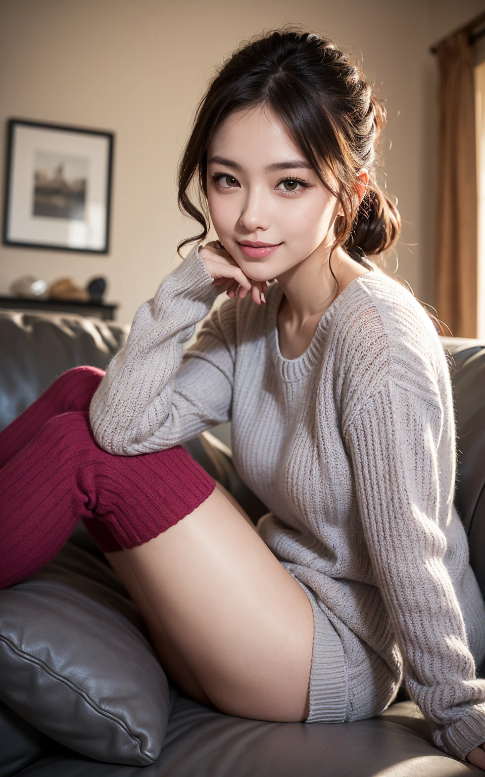 ((((top-quality))))、(((Ultra Precision CG16K Wallpapers)))、(((masterpiece)))、(((ultra-detailliert)))、(((Ultra-extreme details)))、1Man Woman、a matural female、An 18-year-old woman、((Japanese face))、((extremely beautiful face))、((sasaki nozomi:1.5))、((Soft wave semi-long hair:1.3))、(shinny hair)、Bangs up to the eyebrows、Beautiful brown hair、Beautiful delicate eyes、Brown eyes、raised eyebrows、lofty nose、small nostrils、small mouth、seductive lips、slightly open mouth、Beautiful breasts、C-cup size breasts、cleavage of the breast、Plump body、perfectly proportions、perfect anatomia、perfect-composition、beautiful detailed shading、Beautiful natural lighting、Beautiful detail glow、depth of fields、(((a high chroma)))、(((realisitic:1.9)))、((Vivid:1.4))、((Beautiful skin))、((Skin texture))、((Realistic skin feeling))、(((Head-to-thigh shot:1.6)))、((birdseye view:1.8))、((a smile:1.4))、((Eyes looking at me:1.3))、Bright sunshine、(((lie down on the sofa:1.8)))、(supine pose)、(((Pink high neck knit dress、a miniskirt、sleeveless:1.5)))、(((overknee socks:1.5)))、((Show panties、pantyshot:1.8))、((Place two arms behind your head、2 legs:1.6))、