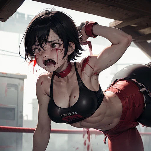 She is on all fours, covered in blood and sweat. Her mouth is open, drooling, one eye closed, and she is out of breath. She is on the floor on both hands and knees. She is wearing a sports bra and high-leg panties. She is exhausted. Young, beautiful Japanese female mixed martial artists are fighting in the octagon. Her mouth is open, she is drooling, one eye is closed, and she is out of breath. Short-cut black hair. Open-fingered gloves. Erect nipples. Big tits. Muscularity. Six-pack abs. Very thick arms and thighs. Small breasts.