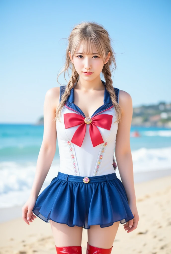A realistic photograph of a beautiful woman dressed in a Sailor Moon cosplay, posing confidently on a sunny beach during midday. She has long, flowing blonde hair styled in twin buns with pigtails, capturing the iconic look of Sailor Moon. She is wearing a detailed and vibrant Sailor Moon outfit with a white leotard, a blue collar with a red bow, a short blue skirt, and red knee-high boots. The scene is set against a bright blue sky, with natural sunlight casting soft, flattering shadows and highlights on her skin. The ocean waves gently crash in the background, creating a serene yet dynamic setting. Emphasize her elegance and charm, with a focus on her joyful expression and the vivid colors of her cosplay. The overall atmosphere is bright, lively, and cheerful, highlighting her beauty and the natural beach environment.