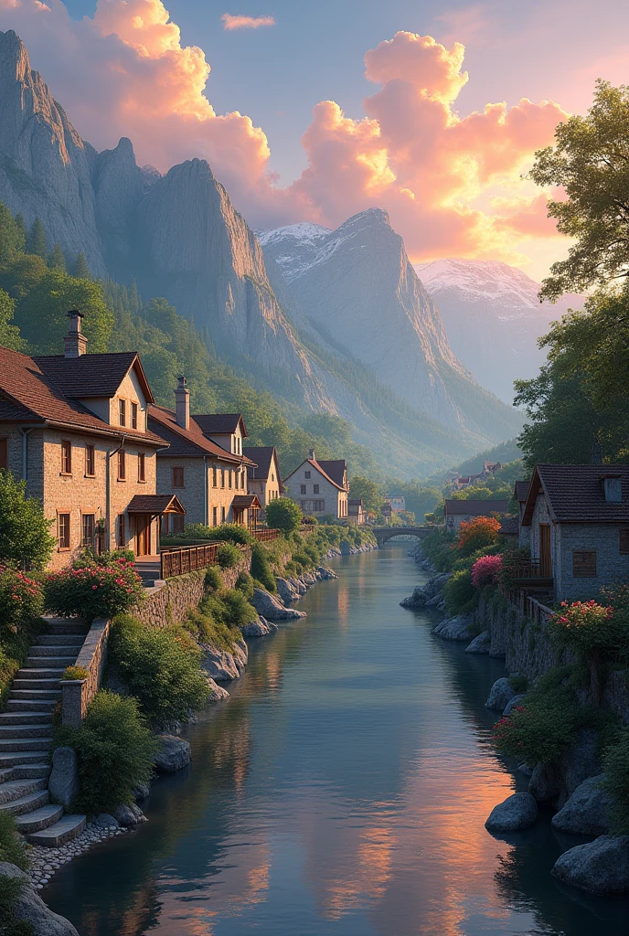 a small village by the river, mountains in the background, floral flowers colorful, detailed landscape, Beautiful natural landscapes, atmospheric lighting, scorching sunset, warm colours, practical, photopractical, Detailed Foliage, complex buildings, cobblestone street, Charming country house, swirly vibrant colors, lush vegetation, Still water reflections, Picturesque, idyllic, work of art, best qualityer, 8k, extremely detaild,anime styling