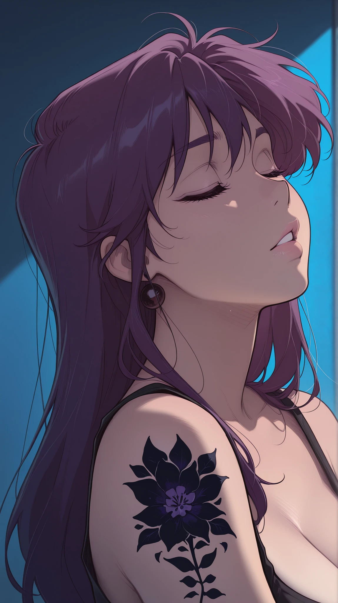 masterpiece, best quality, amazing quality, newest, very aesthetic, 1girl, Create an intense, evocative portrait in the Japanese retro anime style of the 80s and 90s. The scene features a woman bathed in deep blue light, eyes closed in a moment of raw emotion. Her attire is minimal, accentuating the curves of her body and the dramatic shadows cast by the lighting. The background is stark, with sharp contrasts highlighting the contours of her form. The blue and black palette intensifies the mood, evoking a sense of mystery and allure. Subtle film grain and meticulous shading add depth and texture, emphasizing the emotional gravity of the scene. The lighting creates a chiaroscuro effect, accentuating her expressive pose and the intense atmosphere, violet hair,green eyes, tattoos