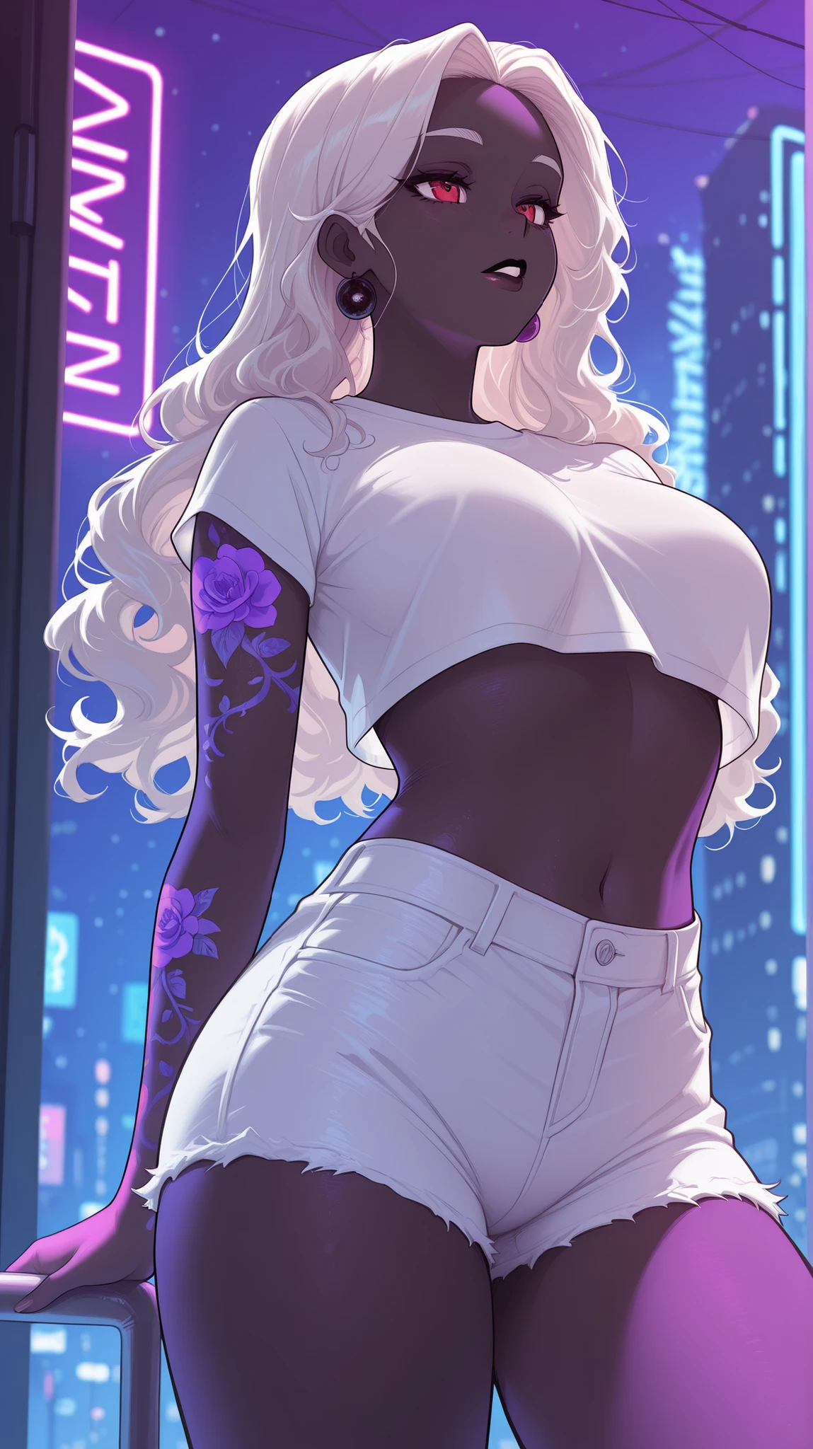 masterpiece, best quality, amazing quality, newest, very aesthetic, 1girl, Manhwa art style, hight resolution art, detailed eyes, violet neon light background, black woman, white curly hair,red eyes, wearing short white jeans and short white shirt, The stomach and thighs are clear, tattoos