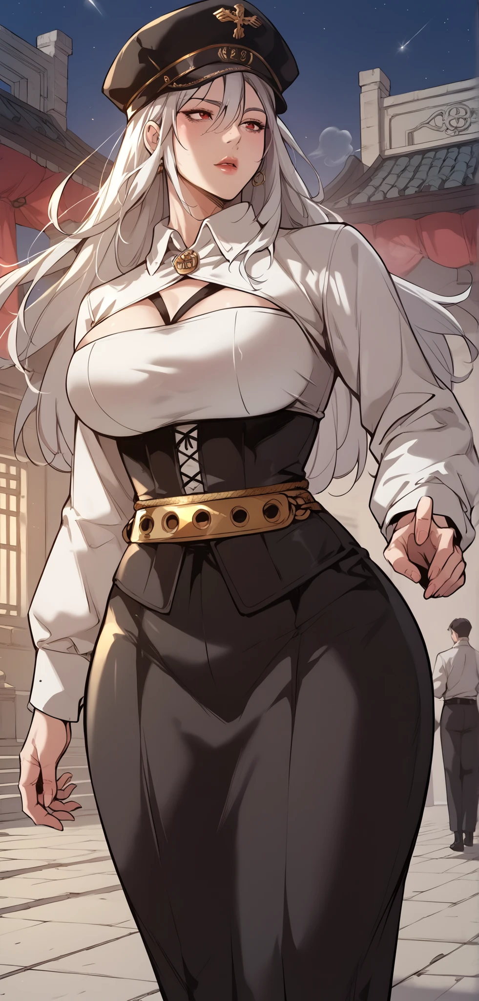 ,score_9, score_8_up, score_7_up, score_6_up, BREAK, night, Academy, hero academy, royal,
1girl, Eleanor tristan, Red eyes, White hair,big breasts , deep clevage, Long hair, School Uniform, Hat, cowboy shot, aura, fighting stance, mature body, seductive expression,(masterpiece)), Highest quality, Very detailed,(One Girl), master piece, best quality, score_9, score_8_up, score_7_up, score_6_up, score_5_up, score_4_up, masterpiece, best quality, very aesthetic, absurdres, Score_9, Score_8_up, Score_7_up, Score_6_up, Score_5_up, Score_4_up, Source_anime, Tag1, Tag2, Best quality, High quality, Detailed, High resolution, 8k, Ultra high res, Soft saturation, Professional quality, Perfect contrast, Perfect lighting, Anatomically correct, Huge breasted, Wide hips, Gargantuan butt, Sensual woman, young female, seductive BREAK Face focus, detailed face focus,(nsfw:1.3, steam:1.3), slutty expression, sexy look,horny face, ancient Chinese buildings in background,