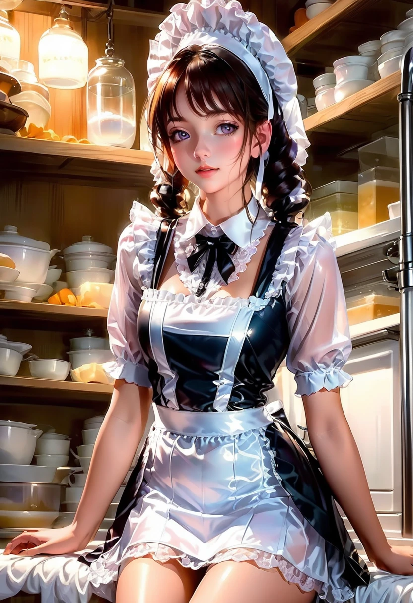 maid costume, beautiful French maid in white latex uniform, without an apron , pretty face , very thin translucent top, top muy Delicate, It shines through , It shines through  el delantal, It shines through  el delantal rosacaracterísticas bonitas, Nice pose, Delicate, innocent, pretty kitchen, rose, luz, detailed,  acrylic , watercolor, Royo, Ahegao face 1.2, tight muscles in the abdomen,  all your clothes are transparent, All her clothes are very fine,  wears lace underwear, Victoria's Secret underwear, loves cum, She is addicted to semen, has semen on her face, uses semen cream for medical purposes 