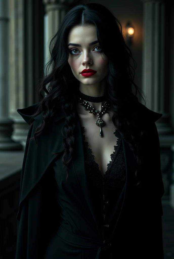 a morticia addams, woman with pale skin, dark dress, long black hair, macabre, gothic, portrait, dark moody lighting, dramatic shadows, ornate lace collar, porcelain skin, mysterious expression, haunting beauty, dark red lips, supernatural, (best quality,8k,highres,masterpiece:1.2),ultra-detailed,(realistic,photorealistic,photo-realistic:1.37),cinematic composition,dramatic atmospheric lighting,dark fantasy,chiaroscuro,dark and moody