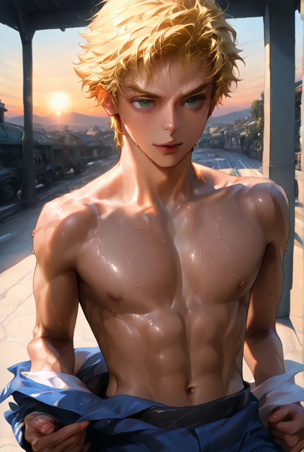 maximum resolution: 1.2), (Ultra HDTV: 1.2), 8K resolution, Eye and skin details, face details, , (Sharp focus: 1, 2), (Precise focuacial expressions: 1,2), 1 Yes guy, Blonde hair, Cat ears, Sword in hand, (Naked), Natural skin, No hair, Perfect muscles, 6 pack, Sweat on his belly and chest, transparent white briefs