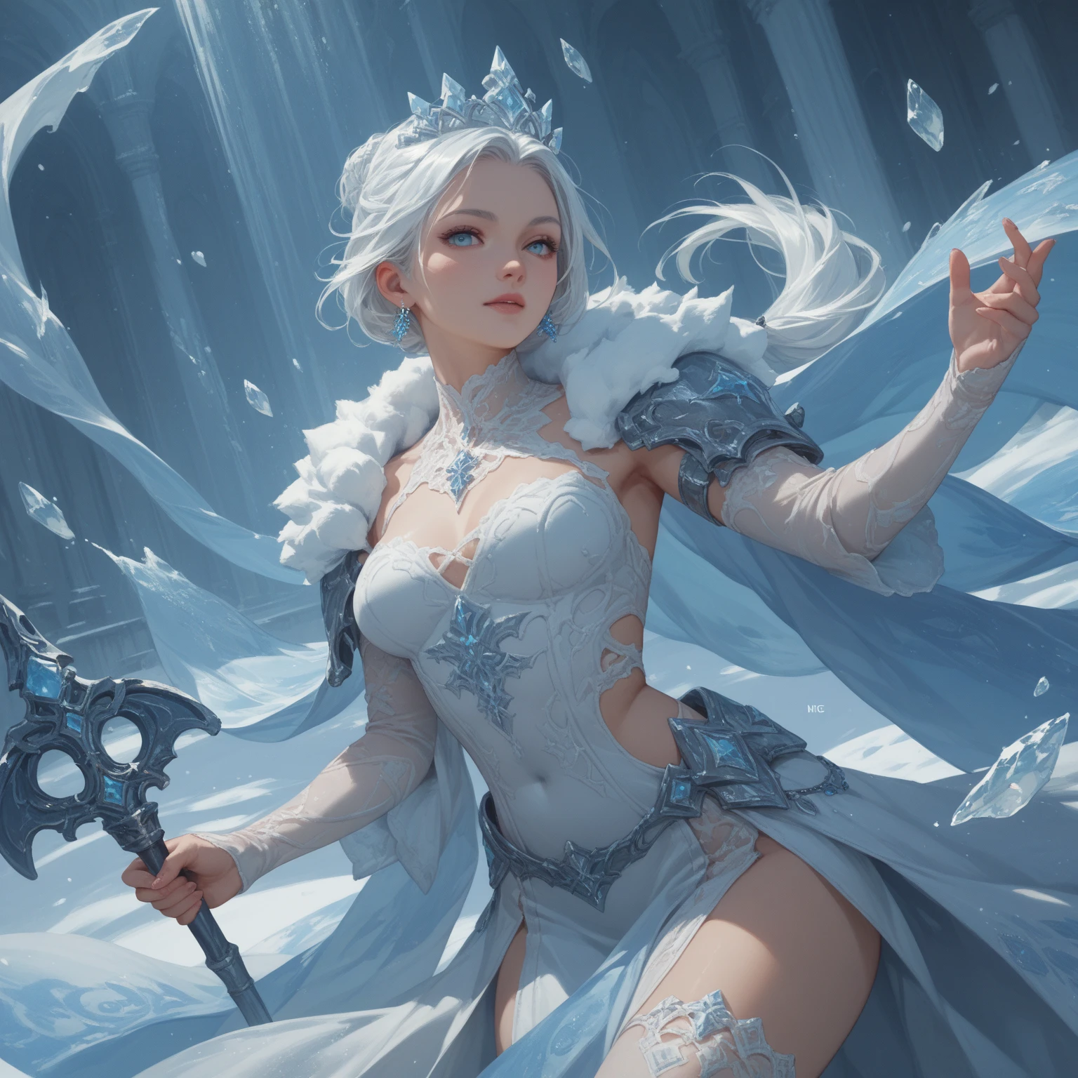 (best quality, high resolution, Extremely detailed, current), White, A world covered in silver, Tree branches covered with snow, touch chill of winter, Snowflakes dance like elves, Turn the world into a silver fairy tale, chill, Quiet and beautiful snow scene., Comfortable and quiet, (Art at Sea 2.1), (Background of frozen white trees and falling snow:1.4) , (Beautiful blue eyes,Big black stone:1.4) , (Cowboy pose), (Practical) ,8k high quality detailed art, Fan Art Best Artstation, Fantasy art style, (Black Lolita Short Pull Up Sheer Mini Skirt:1.4), (showing pussy),(hairy), , White leggings,
