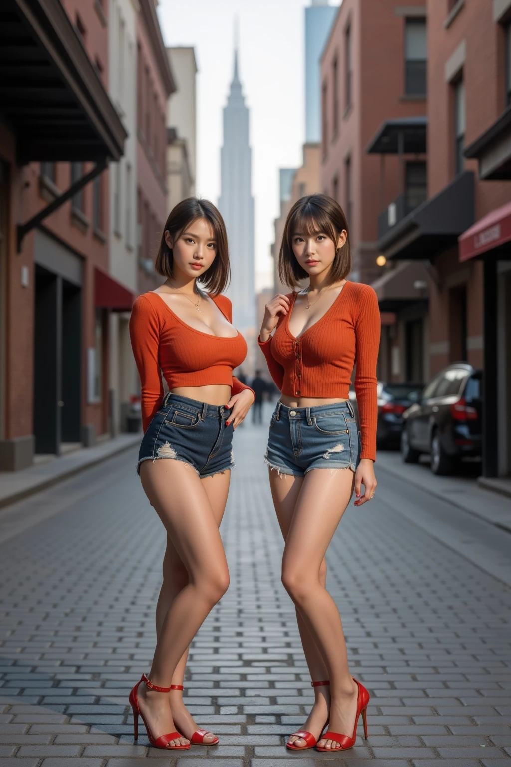 (30 years old, wearing denim dress), ((cute SFW Polynesian|Asian woman holding colorful_smartphone, thighs, detailed face and eyeshadow, crowded cyberpunk plaza)), hourglass figure, smile, intricate, big breasts, bangs, (long hair), Cinematic lighting, global illumination, studio lighting, daytime, highly detailed, k, octane render, trending on artstation, soft fill lighting