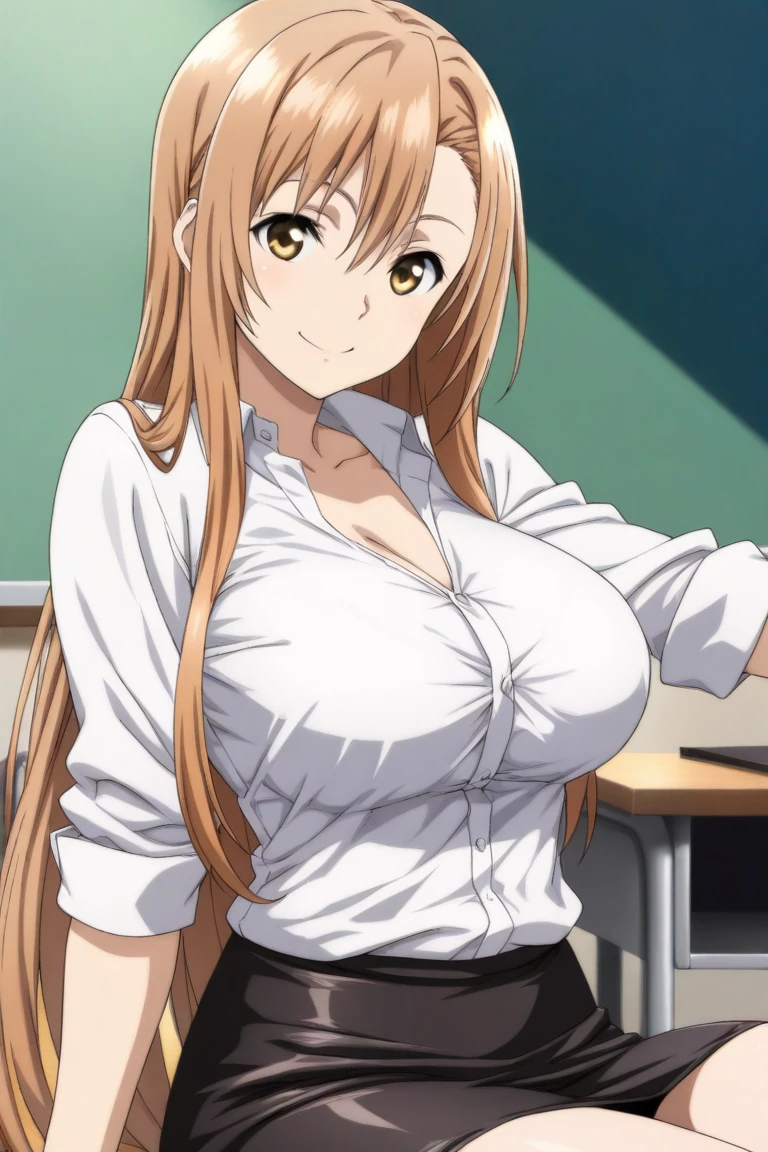 ((masutepiece, Best Quality, High resolution, anime screen cap, anime colours, in 8K, anime keyvisual)):1.5, Asuna, 1girl in, Cute, Shy smile, (Light brown long hair:1.5), 14years, (Oversized large sagging breasts:1.5), cleavage, ((White Micro Bikini:1.5, Thin fabric)), Navel Ejection, Lower your arms, Upper body, Classroom, ((Perfect Anatomy, beautifull detailed face, Beautiful detailed eyes, beautiful detailed hair, Beautiful detailed body)), thick outline, Beautiful outlines, black outlines