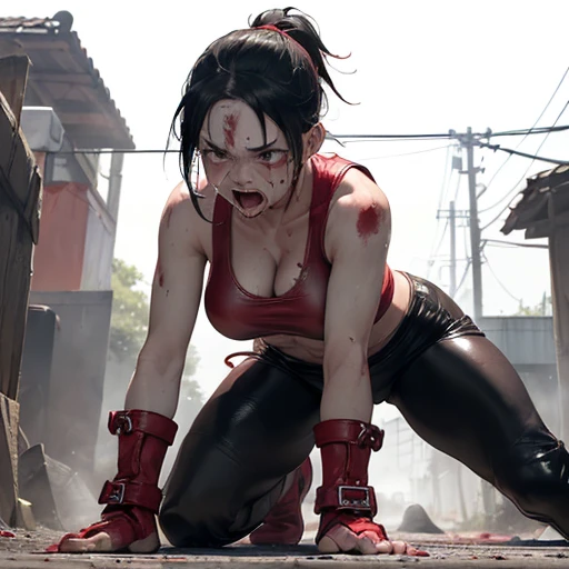 a male streetfighter is standing behind her. a bloody beautiful Japanese female streetfighter is beated down in the backstreet. Blood is dripping from her nose. She is covered in scars and bruises. She's on all fours. she is damaged terribry. she was defeated. she lost the fight. she was knocked out. Short-cut black hair, out of breath, drooling from mouth, crying, exhausted, drenched in sweat. one eye closed, Erect nipples. open finger glove. denim shorts, sports-bra