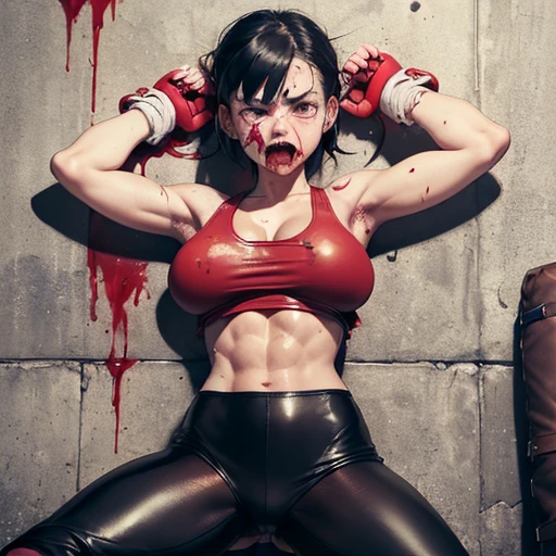 Dynamic behavior. She is being punched and her body is being blown apart. She is flailing. She is wearing a sports bra and high-leg panties. Her opponent tries to kill her with a powerful punch. The two are exhausted. Two beautiful young Japanese mixed martial artists are fighting in the octagon. She is covered in blood. Her mouth is open and drooling. She is spitting out her mouthpiece. She is sweating profusely. Short-cut black hair. Open-fingered gloves. Erect nipples. Small breasts.