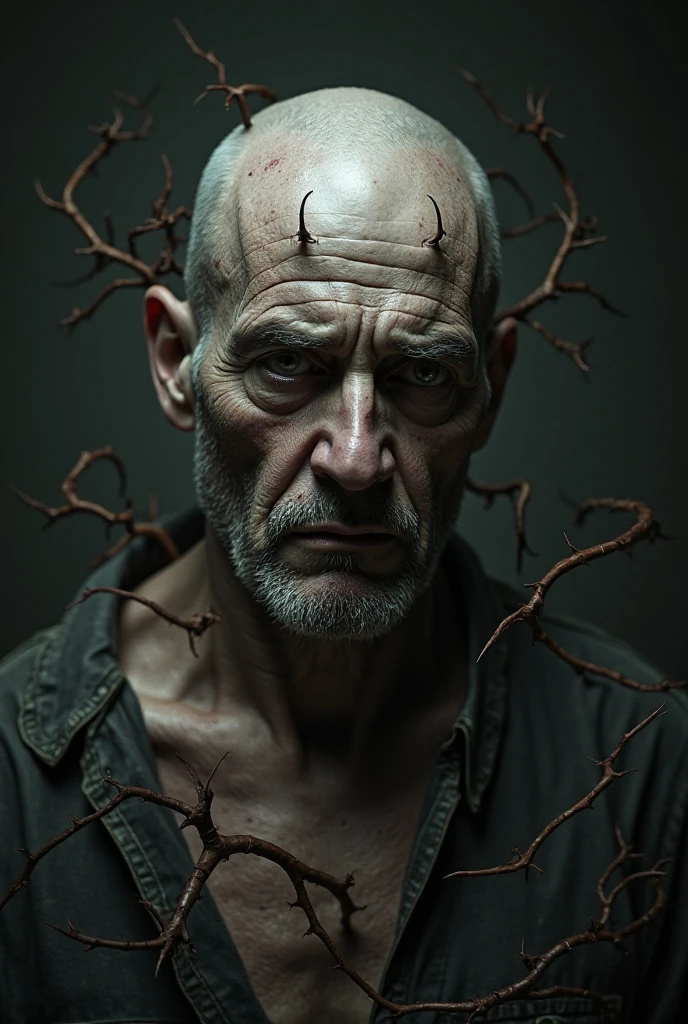Half body portrait of a Bald headed man, no  hair, with gloomy face,looking directly to the viewer, with thorns in his face in body. 