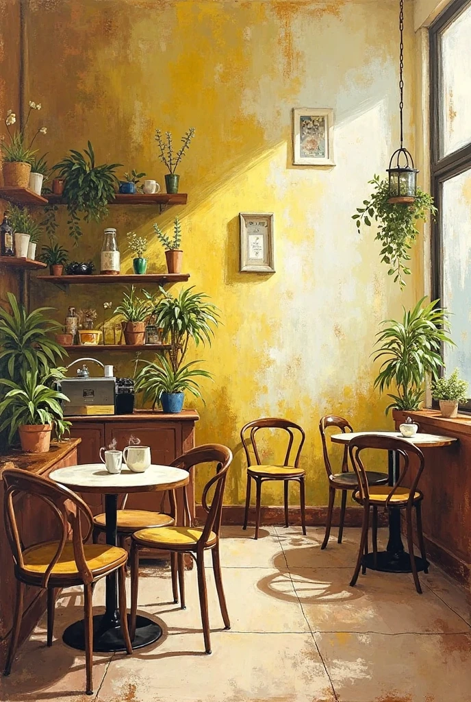 Make an abstract painting that contains a combination of white, mahogany and lemon green, coffee that you can put in a coffee shop 