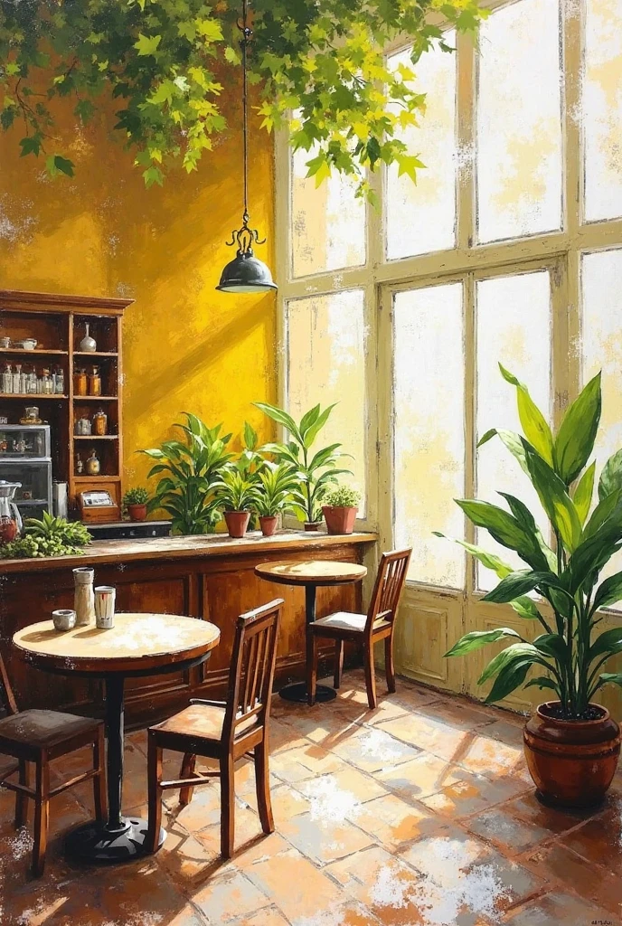 Make an abstract painting that contains a combination of white, mahogany and lemon green, coffee that you can put in a coffee shop 