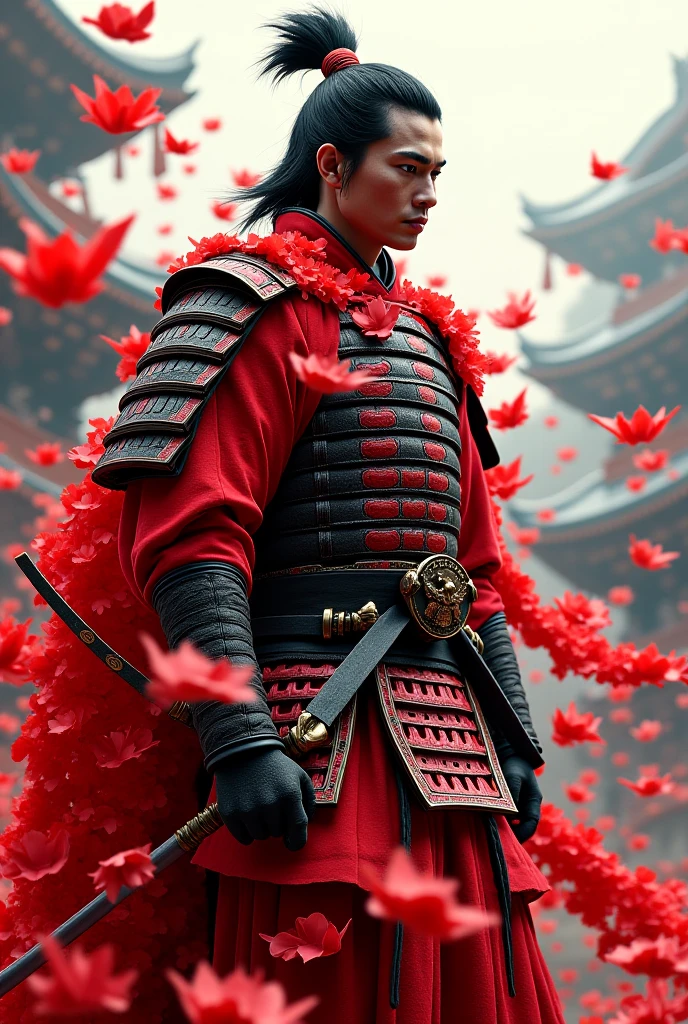 Make me a Japanese samurai with red origami 
