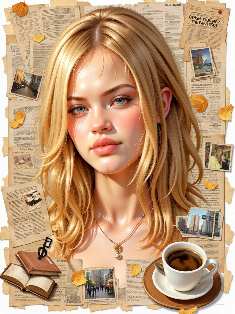 A fully packed collage with Guin's blonde portrait at the center, surrounded by overlapping newspaper clippings, handwritten texts, calligraphy, watercolor splatters, and small photos of her daily life. The central portrait shows Guin with soft natural lighting. The composition fills the entire image, blending vintage tones, watercolor stains, and paper textures. Elements include coffee cups, books, and urban scenes in a warm color palette. Flat lay style on a textured background with cohesive watercolor accents throughout the busy arrangement.