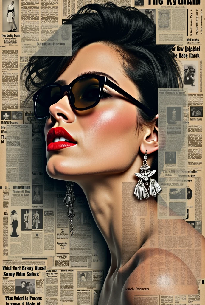 Retro collage, vintage advertisement newspaper, fashion newspapers collage, overlap of newspapers collage, overlap of newspapers collage beautiful future dressing woman image, newspaper overlap of face, newspaper overlap of nose and mouth, sticking of newspaper in background