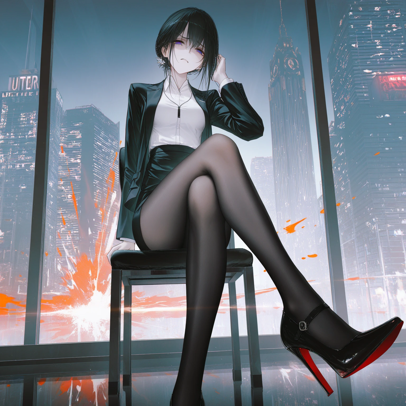 ((solo, 1woman, (( hmn1, eyepatch, short hair, black hair, blue eye, messy hair )), lipstick, Extremely detailed, ambient soft lighting, 4k, perfect eyes, a perfect face, perfect lighting, a 1girl)), ((solo, (1woman, lipstick), Extremely detailed, ambient soft lighting, 4k, perfect eyes, a perfect face, perfect lighting, a 1girl)), , ((fitness,, shapely body, athletic body, toned body)), (( dress pants, black pants, black blazer, tie, black tie, high heels, stiletto heels, balcony, apartment, city in the background, armchair, sitting cross-legged, legs crossed, red lipstick , arrogant expression, mischievous , smirk , malicious , sly , closed mouth, full lips, arrogant expression))