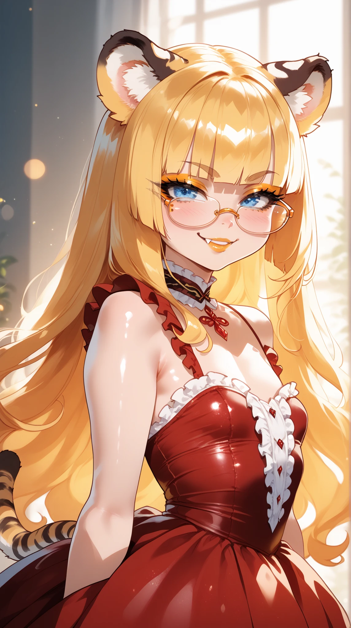 a cute girl with devil horns,glasses,curly hair,looking at the viewer,detailed facial features,beautiful detailed eyes,beautiful detailed lips,extremely detailed face,longeyelashes,white skin,smiling,black and red outfit,detailed clothing,intricate patterns,demon tail,detailed textures,surreal,fantasy,digital art,cinematic lighting,dramatic colors,vibrant,highly detailed,8k,photorealistic,masterpiece