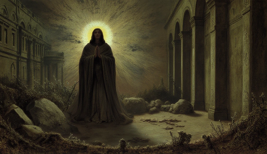 mythology creatures, by zdzislaw beksinski and van gogh, album cover art, rome, surrealism, futuristic ,satan, coral, wizard, abstract, dark, red, hell, landscape, mix these three images: homeless man on knees, bright anime boy with cross in the distance, man in dark street