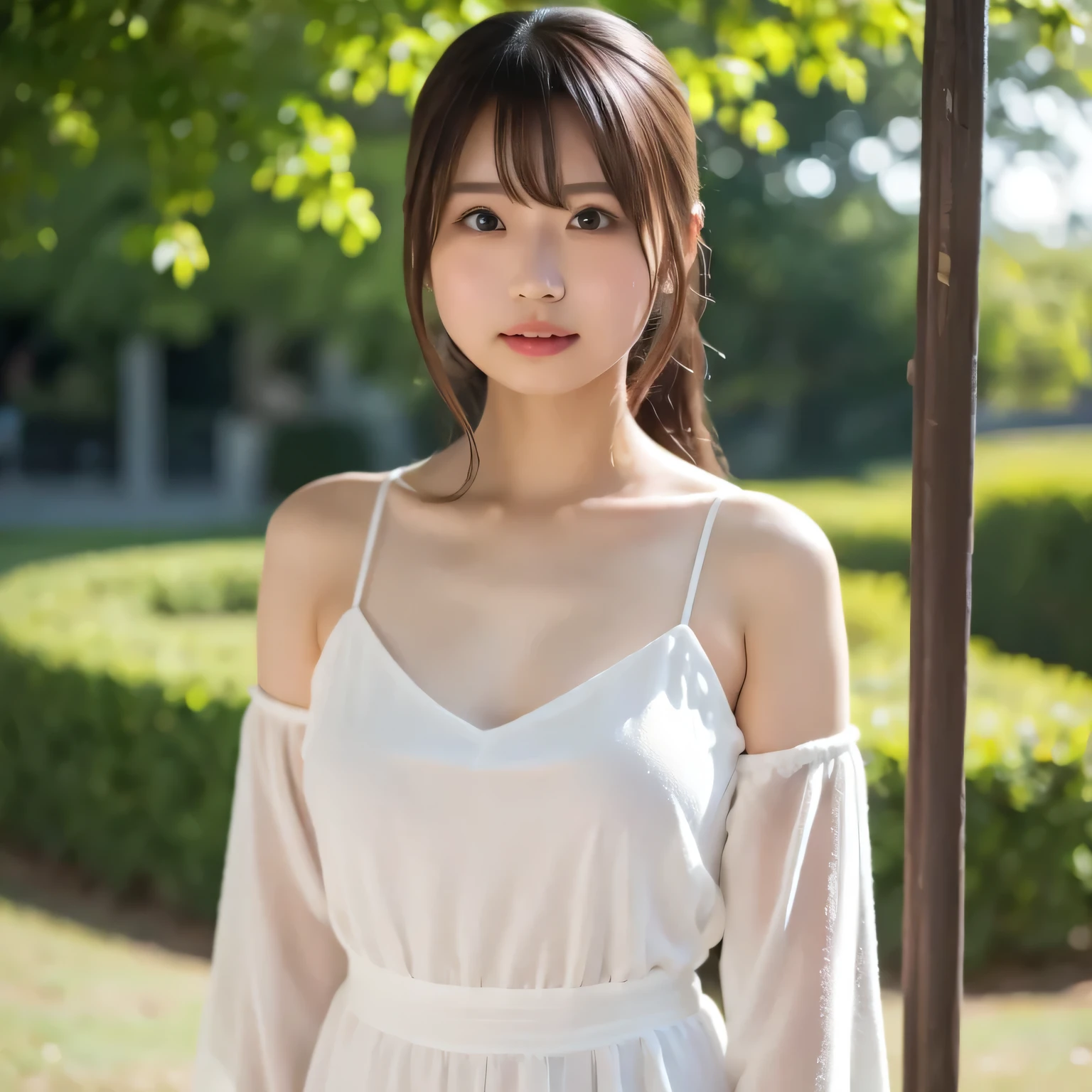 A girl standing in the park:1.5、very wide angle lens:1.8, 全身ショット:1.8、美脚:1.8、 in 8K,Best Quality:1.4, 超A high resolution:1.5, (Photorealistic:1.4),masterpiece:1.2,(top-quality:1.4)、Raw photo、1a japanese girl、Cute、草原、ワンピース、フラフィーレース、風が吹いている、もっている、笑顔、美しい脚,(((ミニスカート:1.8、太もも:1.4、綺麗な足:1.5、美脚:1.8)))、 (Shy smile:1.3), Smooth skin、30-years old:1.5、Beautiful black eyes、natural skin textures:1.3, realistic eyes and face details、 (Brown medium hair,Bangs),、middlebreasts、 乃木坂、グラビアアイドル、グラビア写真、後ろ姿