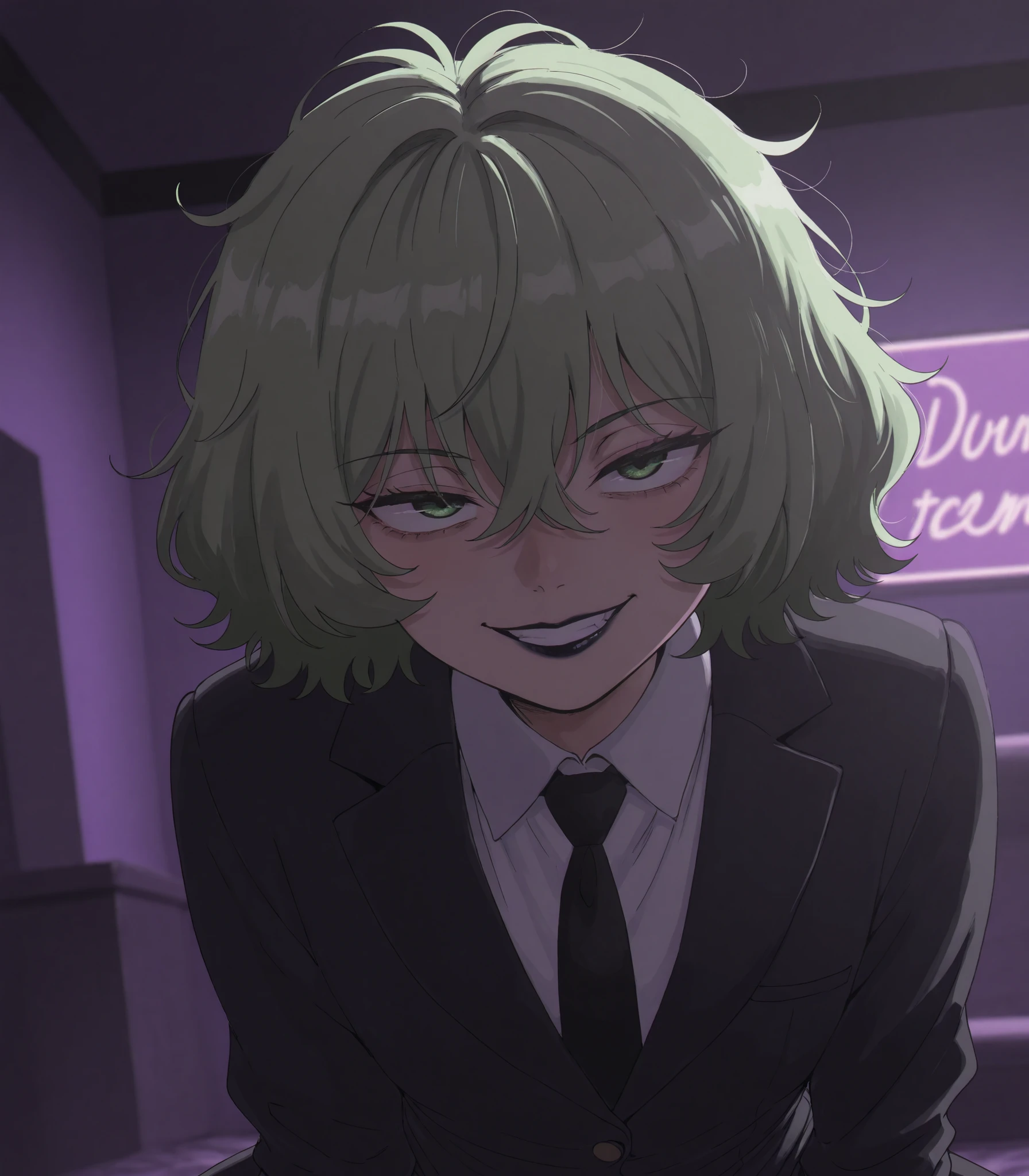 (Face focus: 1.0). Sincos art style. Nyantcha art style. Diives art style. (Dynamic pose: 1.8). (Masterpiece). (High quality). (High detail). 1Woman. Full lips. Black lipstick. Green eyes. Light-green hair. Long, messy hair. Messy bangs. Black blazer. White collared undershirt. Black tie. Indoors. Nightclub. Grin. Mischievous. Evil. Slender, and slim. Flat-chested. Night. Cool tones. Purple hues.