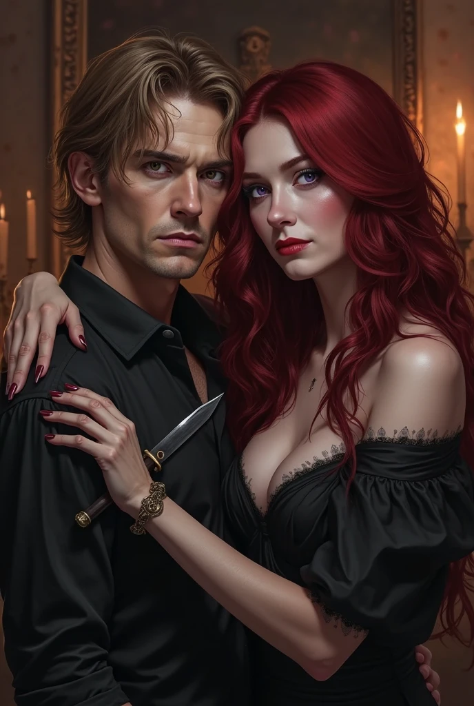A digital realistic fanart illustration shoot from a portrait camera angle featuring a man and a woman with long, wavy, dark blood red hair and light purple eyes, both dressed in dark clothing. the man, on the left, positioned in the middle of the image, with a serious expression on his face (please please please DONT MAKE HIM LOOK OLD). He has light brown hair, parted in the middle and slight strands fall on his face and emerald green eyes and is wearing a black shirt. on the right, the woman, who appears to be in her mid-twenties, has long, blood red hair and purple eyes, wearing a black dress with a deep v cut neckline. she is positioned behind the man in the upper body, a dagger in her hand and it's placed on the man's throat, with her upper body facing the viewer. the background is a dimly lit room with candles, creating a romantic and dark atmosphere. giving enemies energy 


