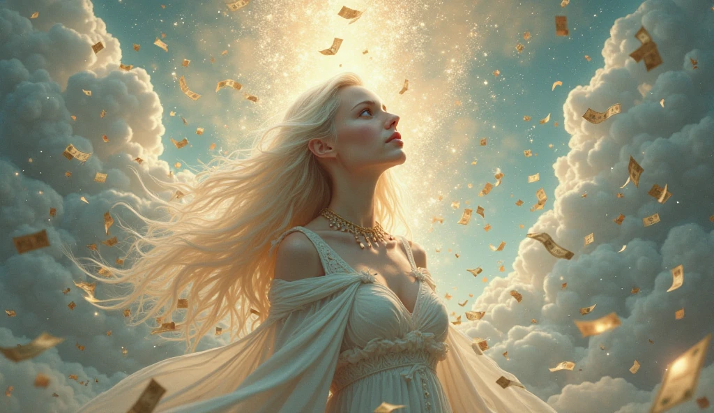 a girl with platinum hair astrologically looking like a goddess and having bills fall from heaven