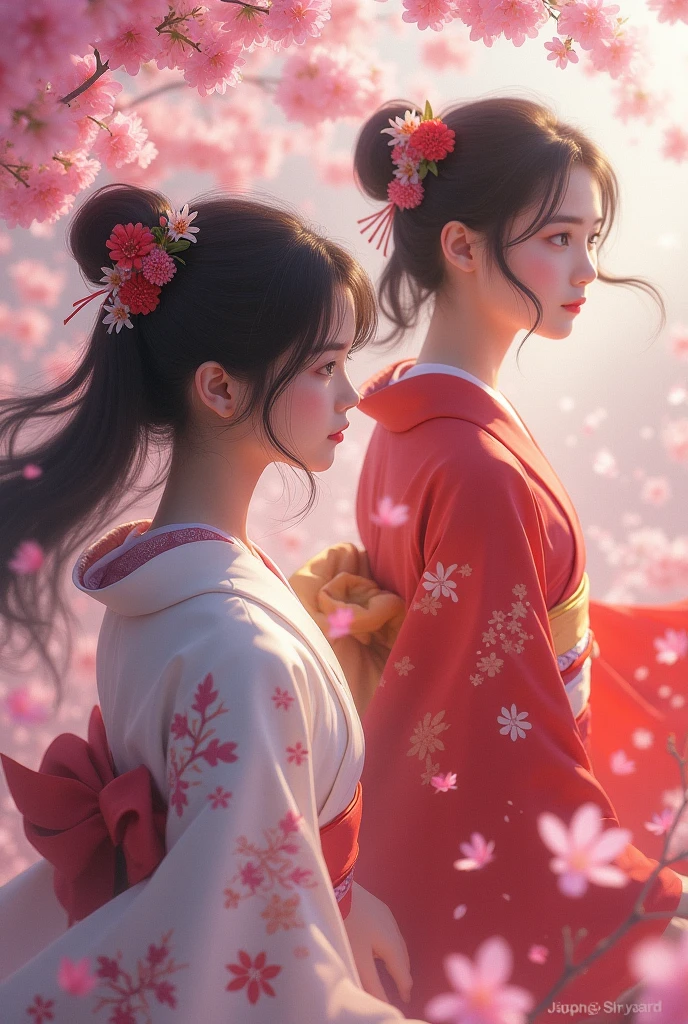  Beautiful Japanese women wear Japanese clothes , ，Age 22,    hairpin，      young々Dark Hair Pattern, laughing , Sakura Fubuki,  surrealism, 