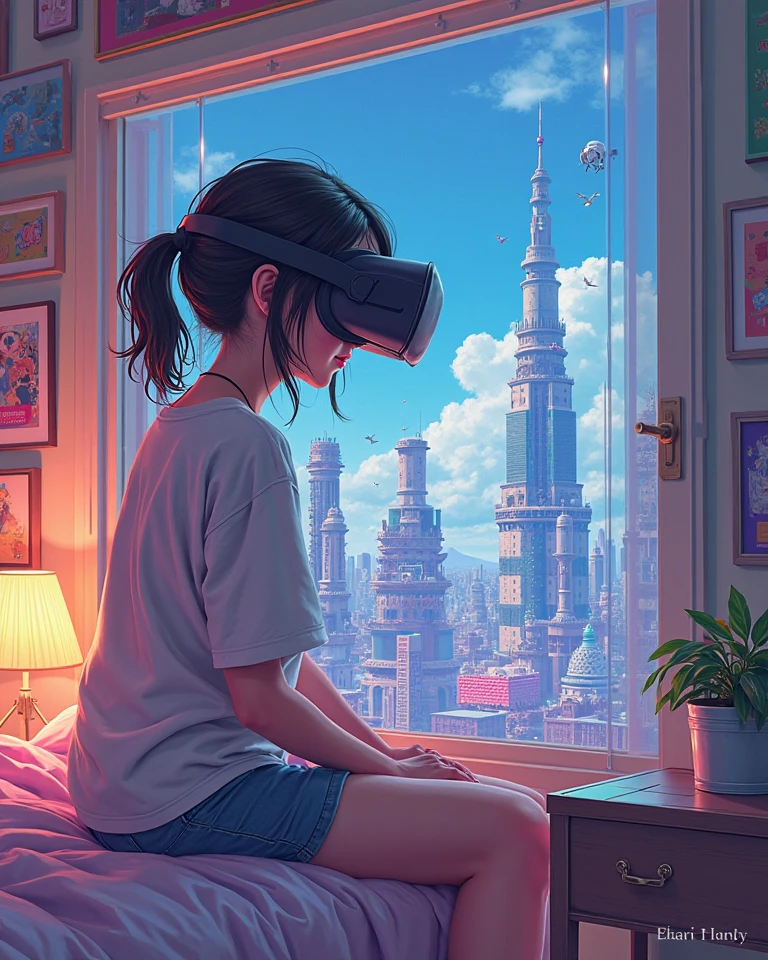  girl wearing VR glasses in her bedroom, navigating a virtual cityscape filled with robots. Vibrant color anime style --ar 4:3 --niji 6