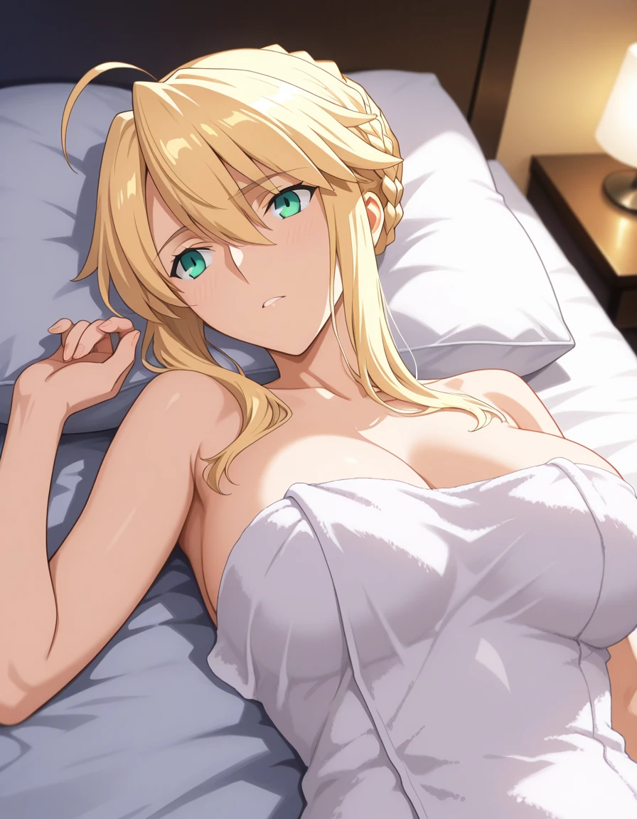 mature female:1.2 , 1girl,alone, hayasaka_ai, hair between eyes, side ponytail, scrunchie, hair ornament, hair scrunchie, blue scrunchie, long hair, sidelocks, shirt, school uniform, shuuchiin academy school uniform, long sleeves, black skirt, collarbone, collared shirt, white shirt, 1girl, breasts, solo, large breasts, lying, shirt, skirt, black bra, on back, arms up, bra, black skirt, looking at viewer, wet, underwear, arms behind head, open clothes, cleavage, blush, open shirt, sweat, bed sheet, closed mouth,